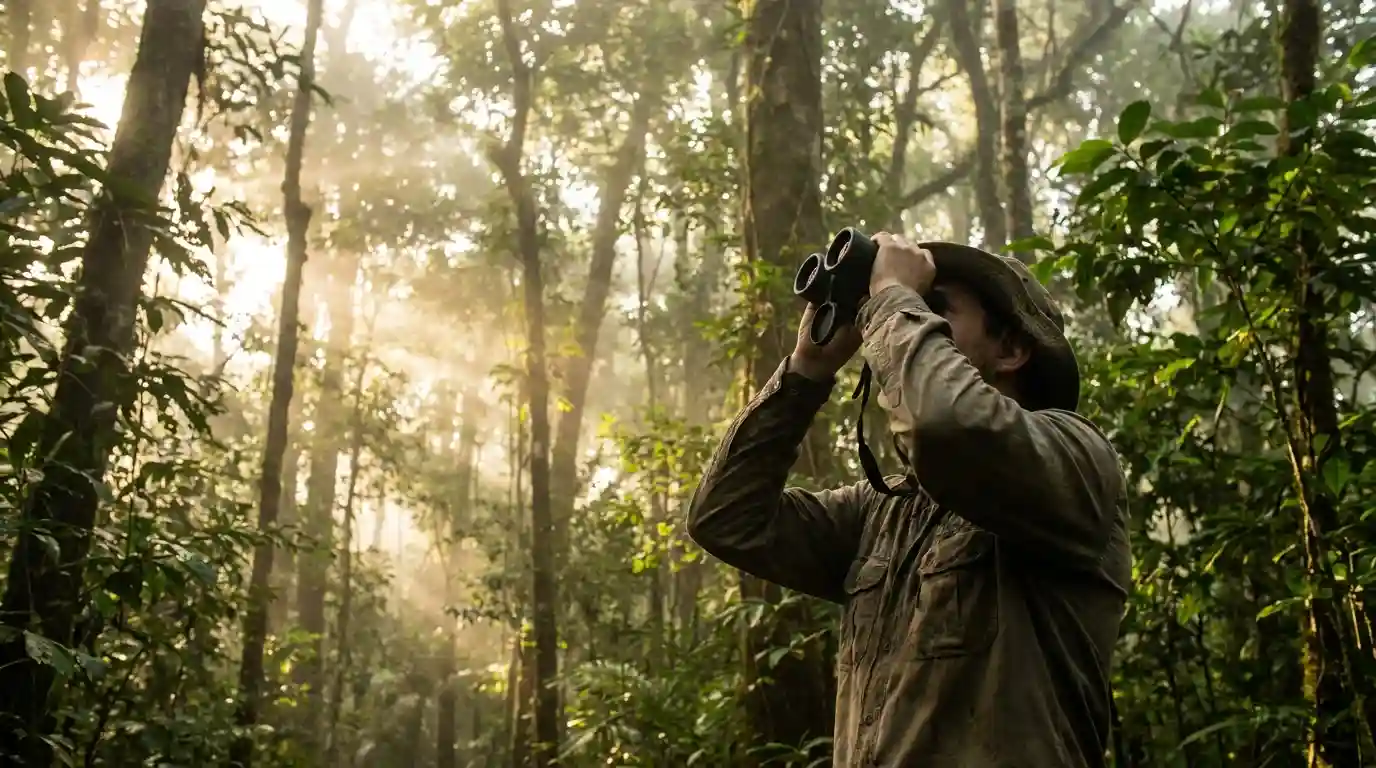 observador de aves usando binóculo em trilha de mata ao amanhecer
